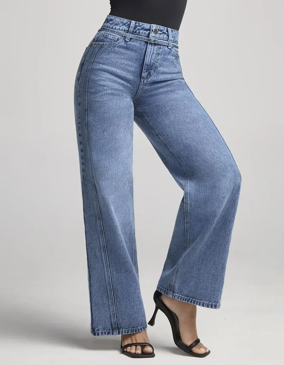 Jeans de Mezclilla Pierna Ancha Cintura Alta - Azul Clásico para Mujer