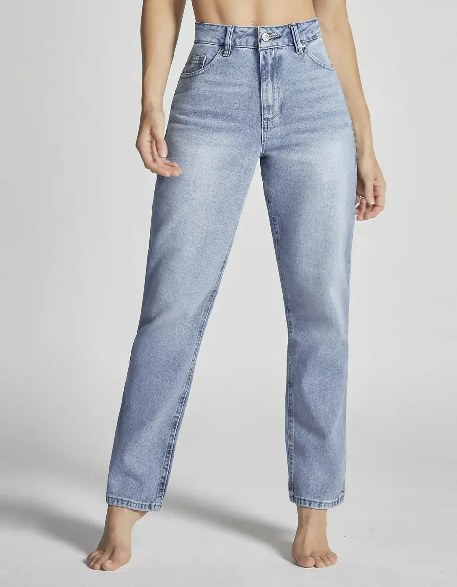 Jeans de Mezclilla Pierna Recta Cintura Alta - Azul Claro Mujer